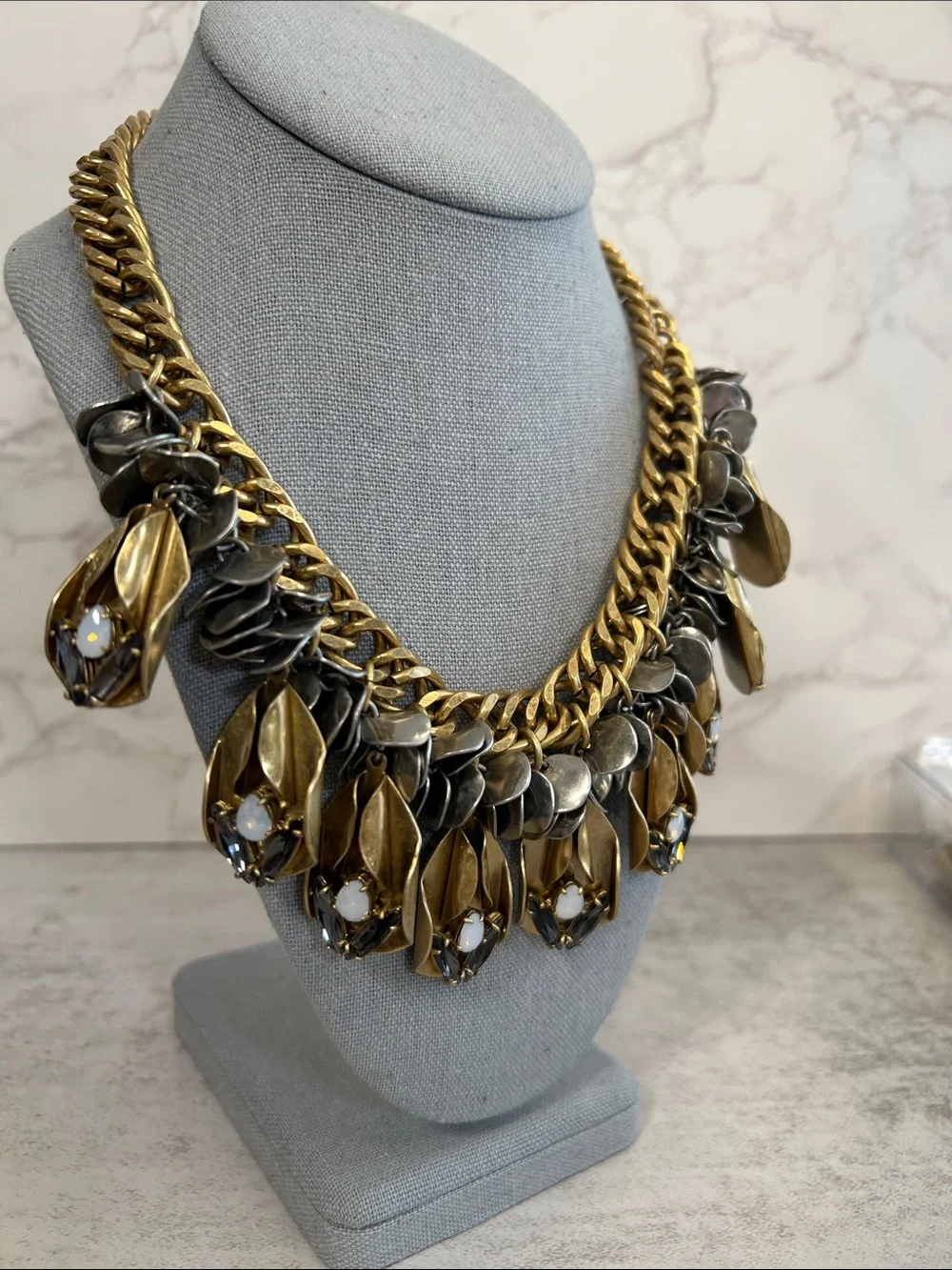 J.Crew Art Deco Gold Opal Drop Disc Necklace featuring chunky mixed-metal chain